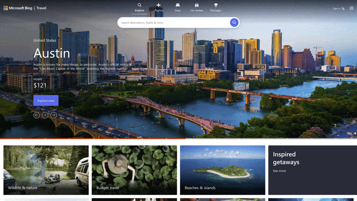 Bing travel hub screens